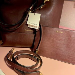 Calvin Klein's reversible faux-leather tote maroon